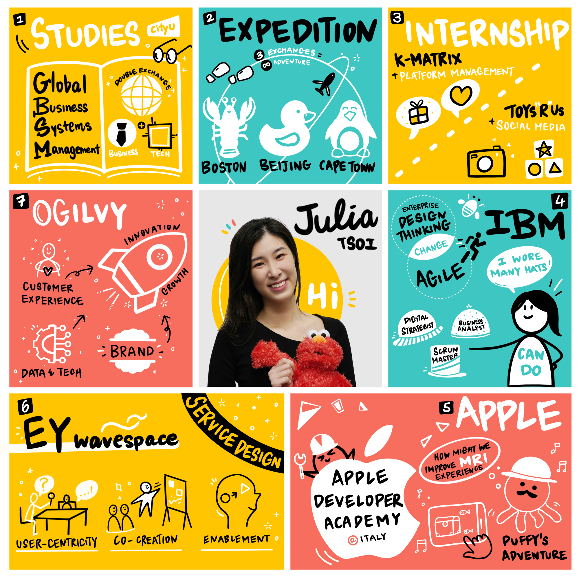 Illustrated timeline of Julia's studies, exchanges and internships